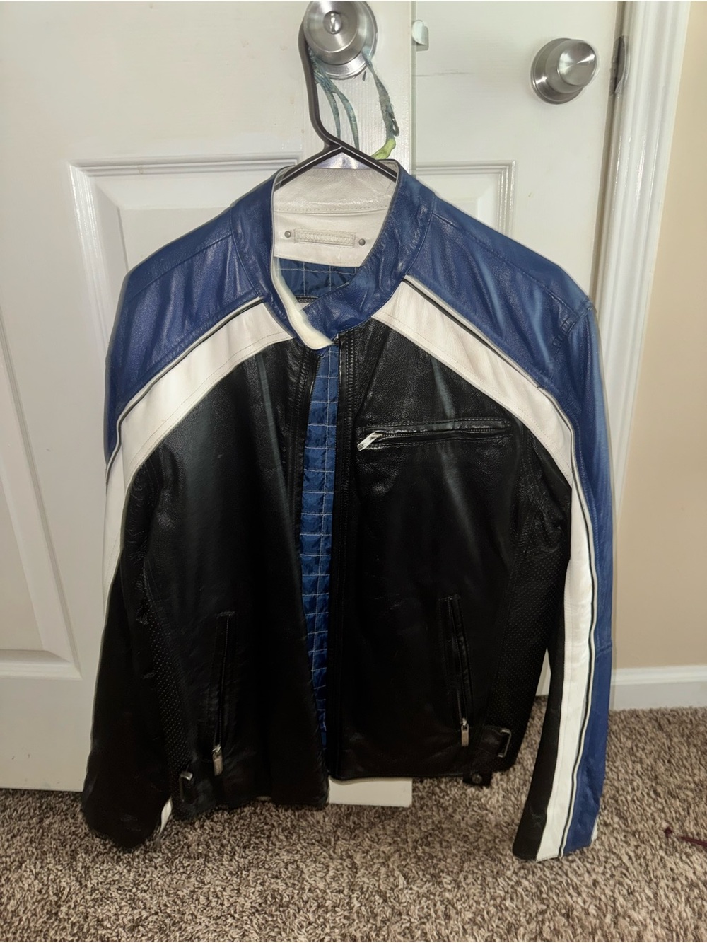 Wilsons Leather Blue, Black & White Motorcycle Bomber Jacket